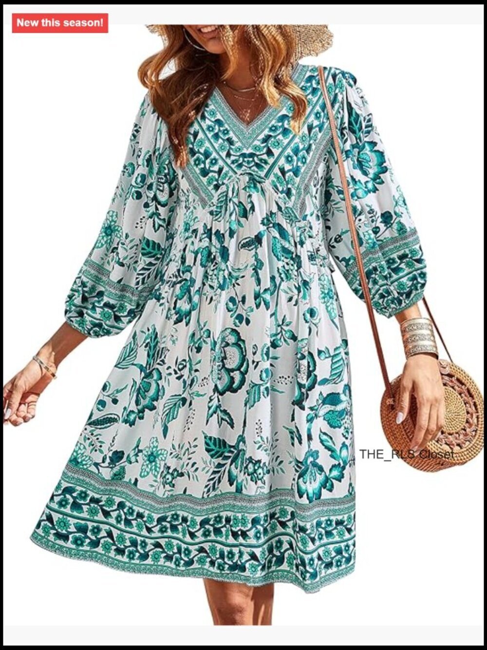 V Neck 3/4 Sleeve Ruffle Floral Babydoll Mini Dress